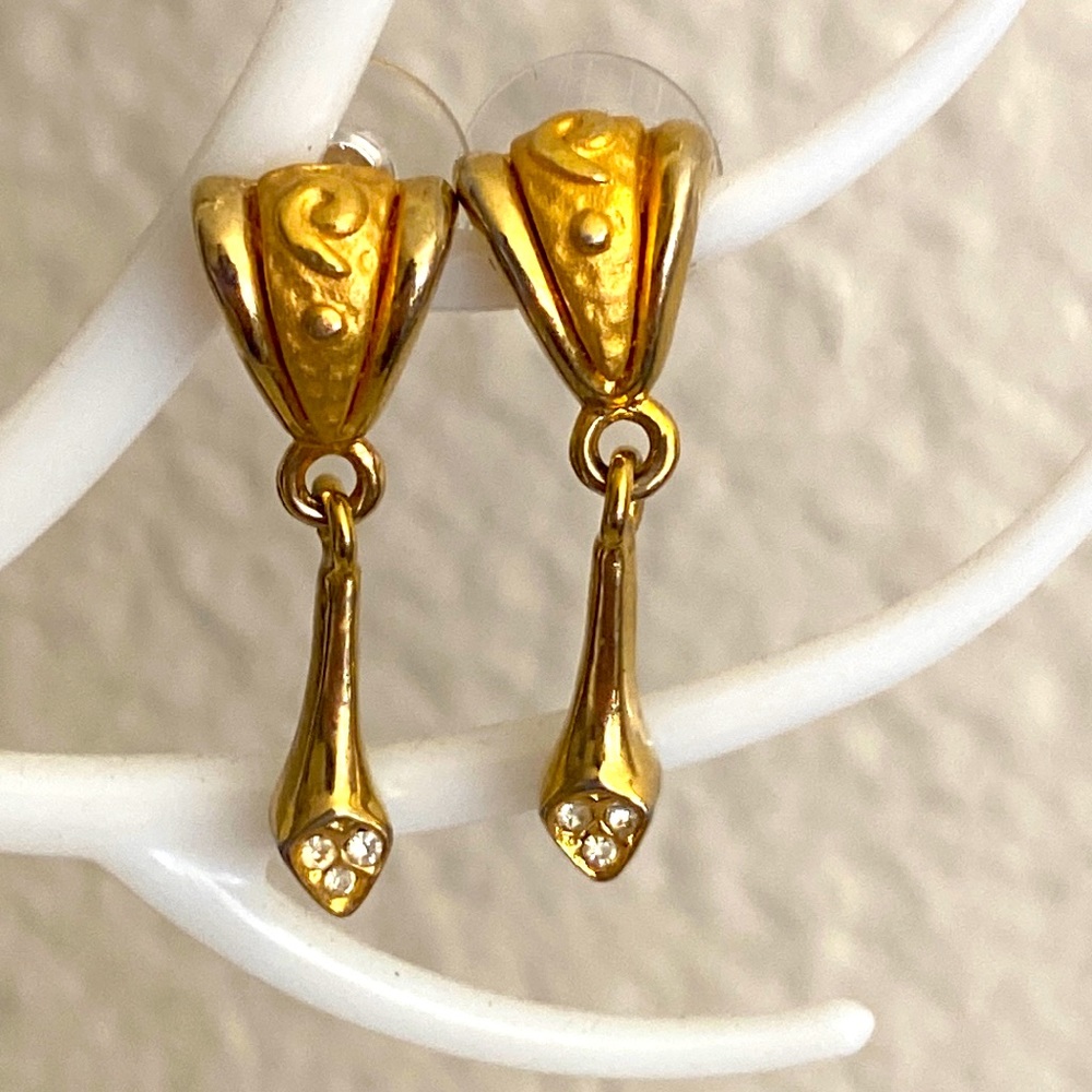 Vintage 80s Gold Toned DanglingPostEarrings with Rhinestones